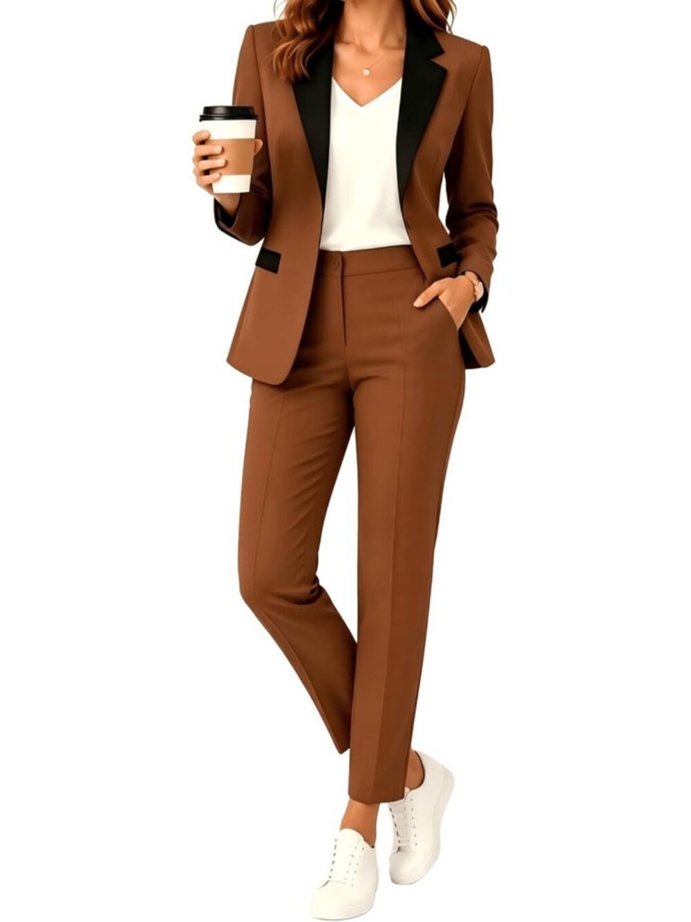 Chic Women's Blazer & High Waisted Straight Leg Pants Set - Dressy Casual Outfit - Picture 2 of 7